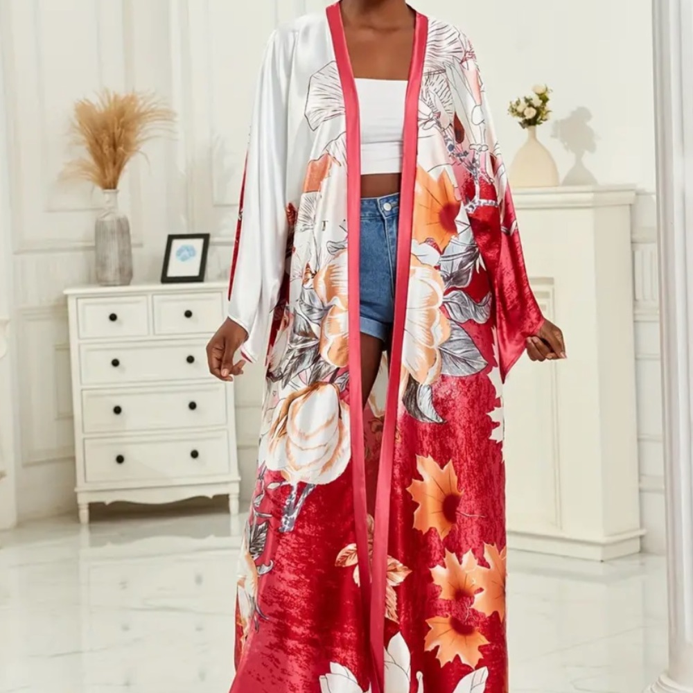 Red And White Floral Kimono Resort Vacation Wear Beach Cover Up Belted One Size - Picture 4 of 5
